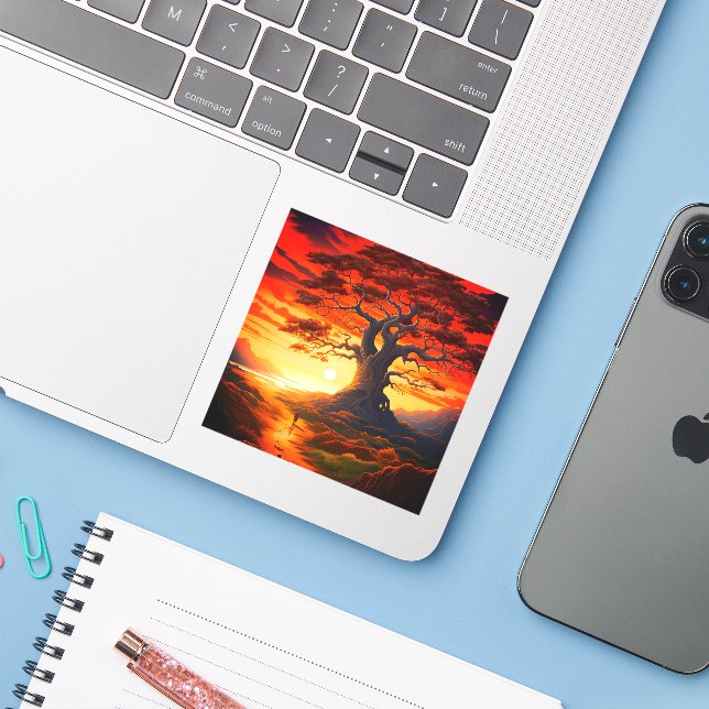 Adesivo Árvore bonito ao pôr do sol (Notebook com iPhone)