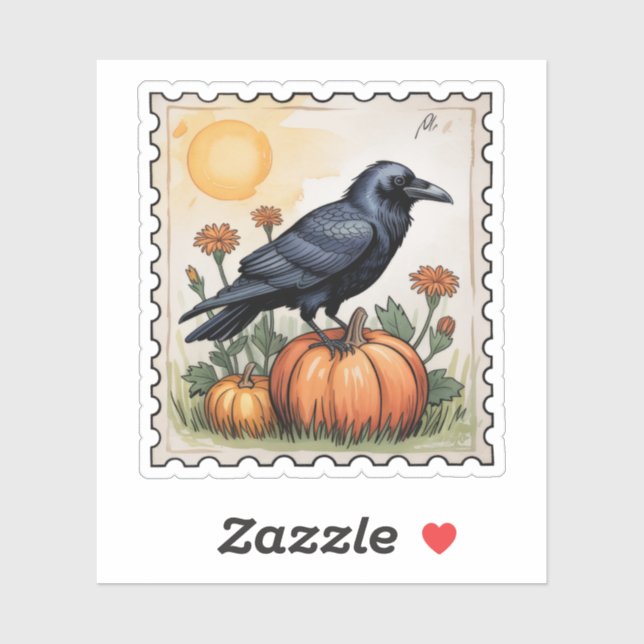 Adesivo Autumn Raven on Pumpkin Halloween Postage Stamp (Folha)