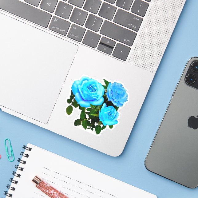 Adesivo Azul-branco Elegante rosas azuis-florais (Notebook com iPhone)