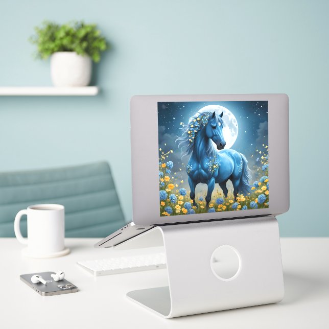 Adesivo Azul Fantasia Flores de Lua de Cavalo Mágico, (Laptop na mesa)