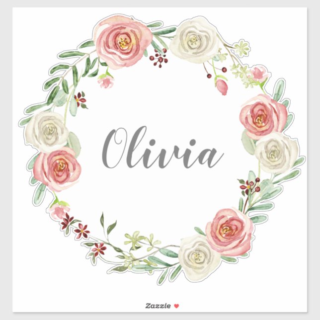 Adesivo Baby Girls Name Watercolor Rosa Floral Wreath (Folha)