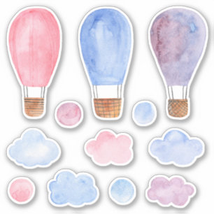 Adesivo Balão de ar quente de aquarela. Rosa, azul e roxo