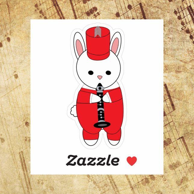 Adesivo Banda Clarinet Red White Marching Rabbit (A die cut sticker of a rabbit playing the clarinet in a red and white marching band uniform.)
