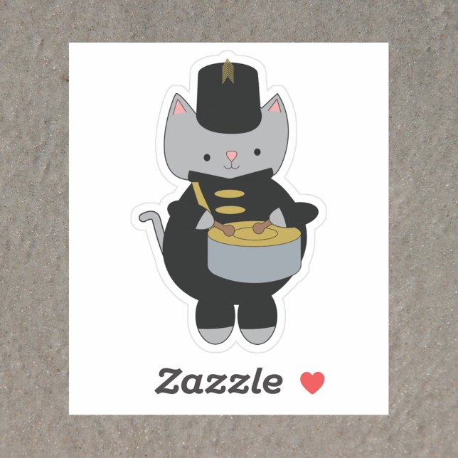 Adesivo Banda de Marcha Negra Tambor Preto (A sticker of a cat wearing a black & gold marching band uniform while playing the snare drum)