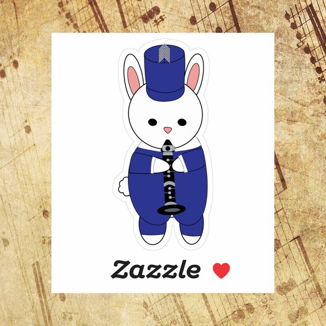 Adesivo Banda Marcha Coelho Clarinet Azul e Branco (A die cut sticker of a rabbit playing the clarinet in a blue and white marching band uniform.)