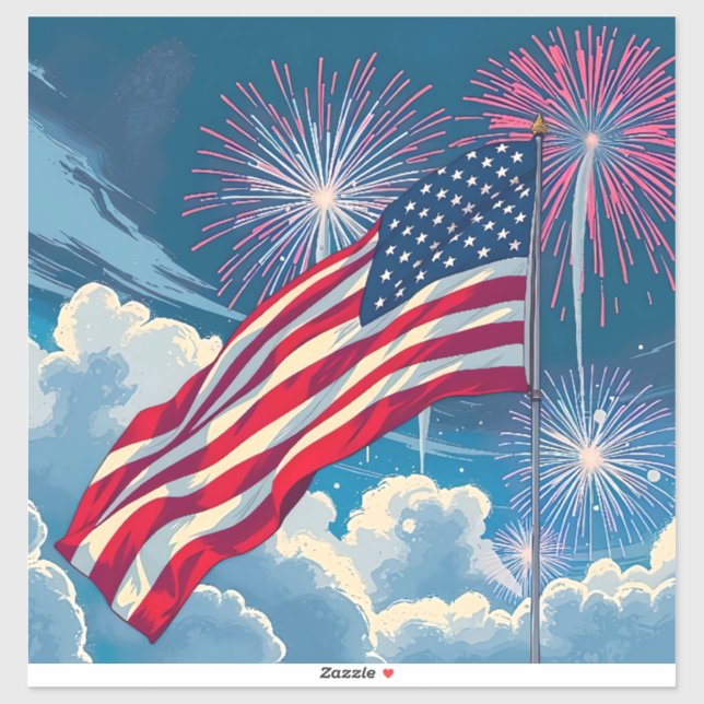 Adesivo Bandeira Americana Patriótica com Fireworks - 4 de (Folha)