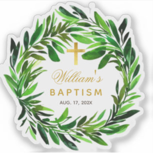 Adesivo Baptism Greenery Wreath Faux Dourado Cross Script