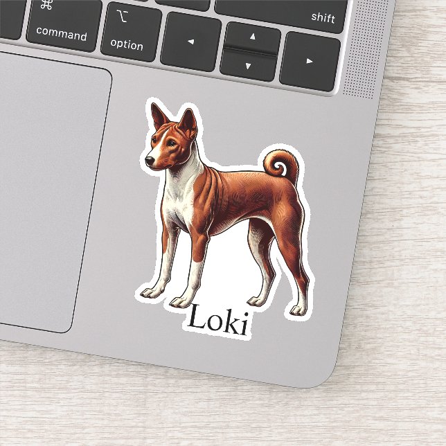 Adesivo Basenji Vermelho Branco Nome Personalizado Fofo (Detalhe)