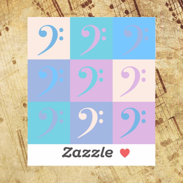 Adesivo Bass Clef Music Pattern Pastel (A sticker of colorful bass clefs in blue, pink, purple and yellow.)