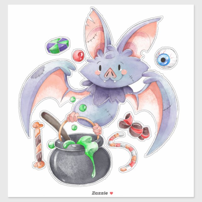 Adesivo Bat de Halloween com Cauldron Eyebolas e doces (Folha)