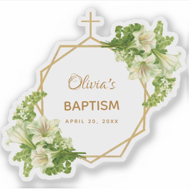 Adesivo Batismo de Menina Floral Dourado Lírios Brancos Ge (Frente)