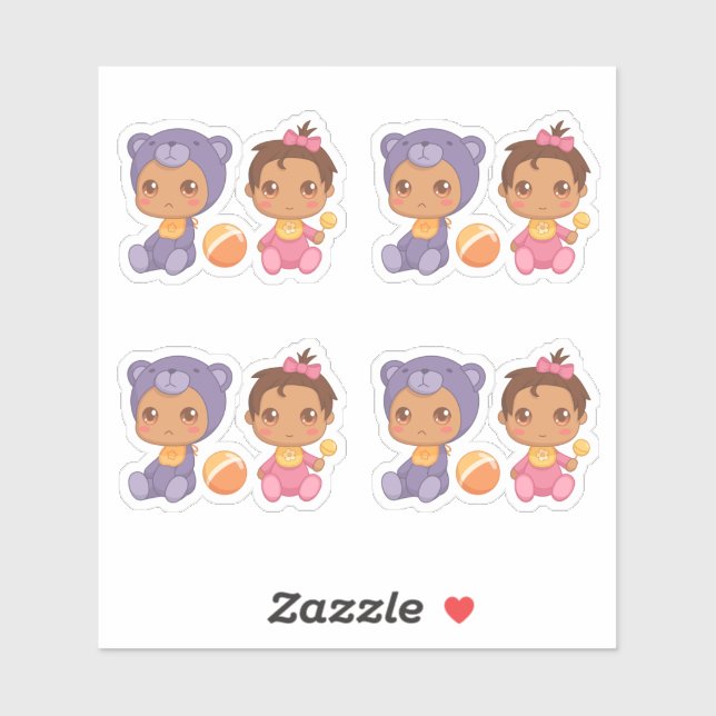 Adesivo Bebê gêmeas ursos roxos macacão conjunto de 4 stic (Folha)