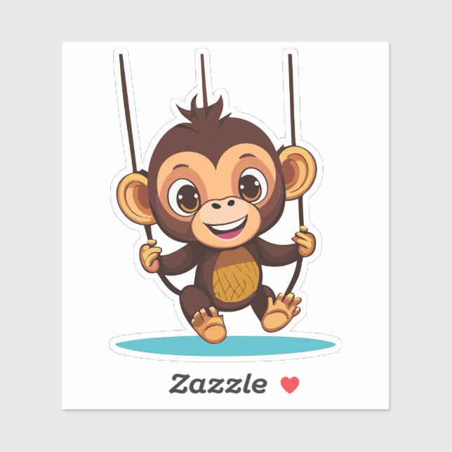 Adesivo Bebê Macaco Fofo Balançando no Balanço da Árvore (Folha)