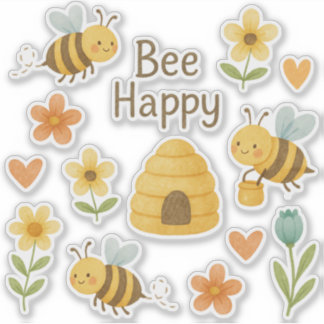 Adesivo "BEE HAPPY"- süße Bienen mit Blumen