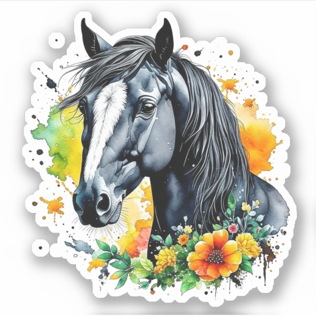 Adesivo Belo Cavalo Negro Cercado por Flores Amarelas (Frente)