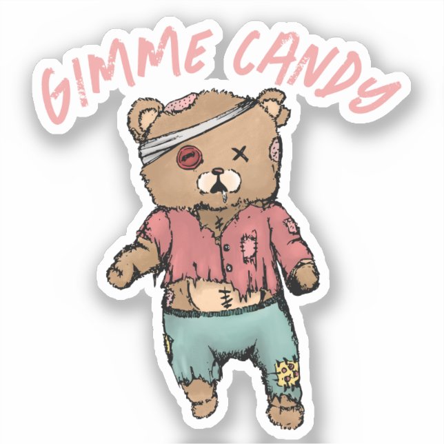 Adesivo Belo Urso Rosa Zombie Gimme Candy Halloween (Frente)