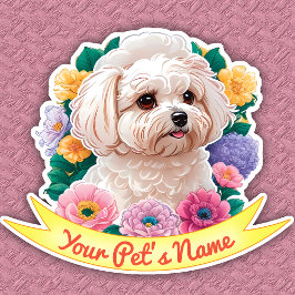 Adesivo Bichon Frisé encantador, flor amarela, rosa e roxa