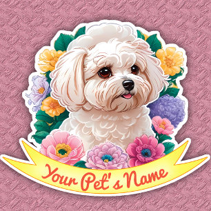 Adesivo Bichon Frisé encantador, flor amarela, rosa e roxa