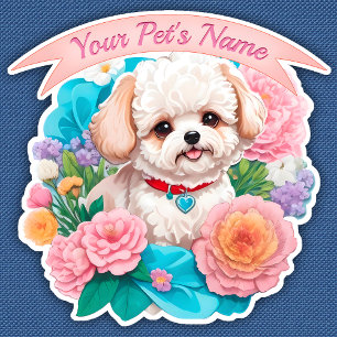 Adesivo Bichon Frisé, flores coloridas cortadas