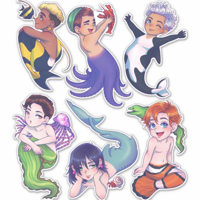 Adesivo BIG CHIBI Merman Mermaid Sea Creatures Stickers (Frente)