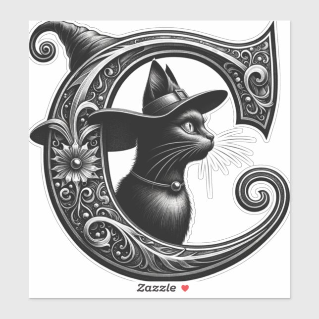 Adesivo Black Cat Witchy - Letra C Personalizada Inicial (Folha)
