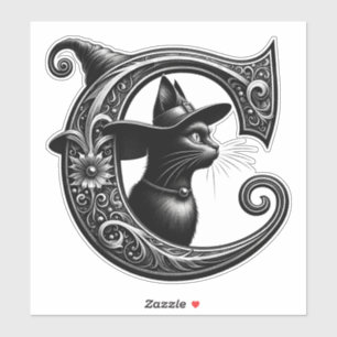 Adesivo Black Cat Witchy - Letra C Personalizada Inicial