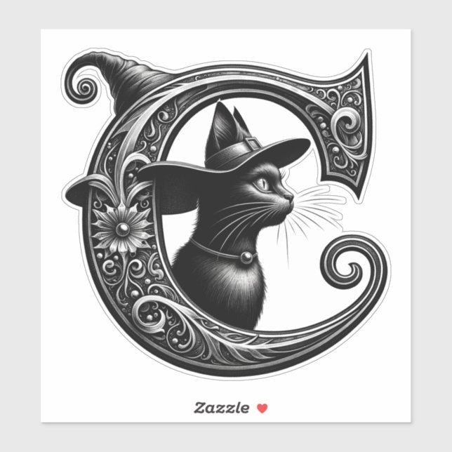 Adesivo Black Cat Witchy - Letra C Personalizada Inicial (Folha)