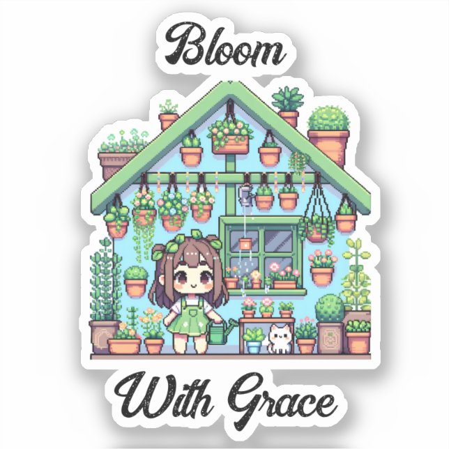 Adesivo Bloom com Grace | Rapariga Kawaii com Plantas (Frente)