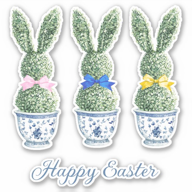 Adesivo Blue and White Chinoiserie With Rabbit Topiaries (Frente)