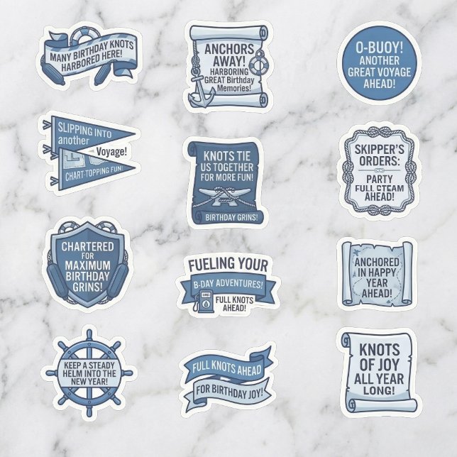 Adesivo Blue Nautical Slogan Birthday Sticker Sheet (A sea of birthday smiles.)