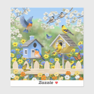 Adesivo Bluebird Goldfinches Birdhouses Flor Garden