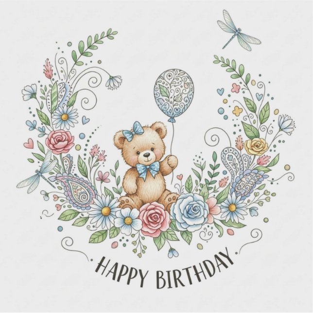 Adesivo Boho floral birthday bear (Frente)