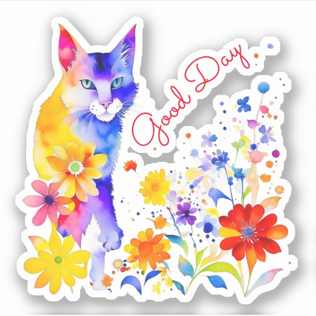 Adesivo Bom dia | Gatos e Flores de Aquarelas (Frente)