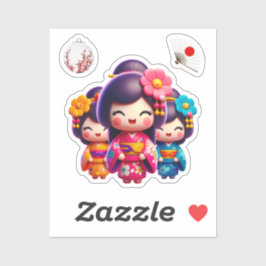 Adesivo Boneca Kokeshi, Três Linda Geisha