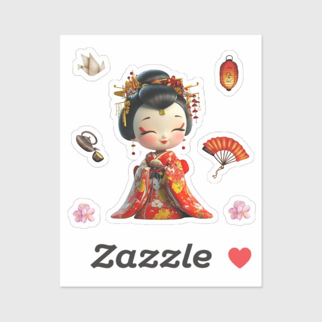 Adesivo Boneca Kokeshi Vermelha e Dourada, Geisha Stickers (Folha)