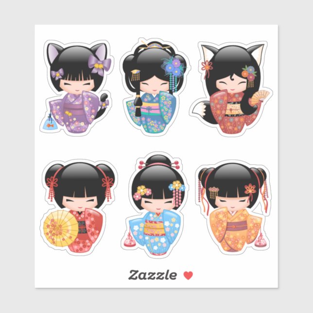 Adesivo Bonecas Kokeshi Set 2 - Raparigas Kimono Geisha Ja (Folha)