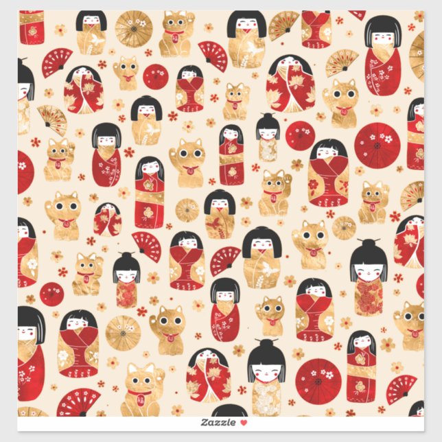 Adesivo Bonecos Japoneses - Gatos Kokeshi e Maneki Neko (Folha)