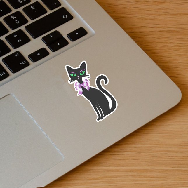 Adesivo Bonito Preto Negro Verde Olhos Rosa Arco (Pretty slender black cat green eyes wearing pink bow on vinyl sticker.)