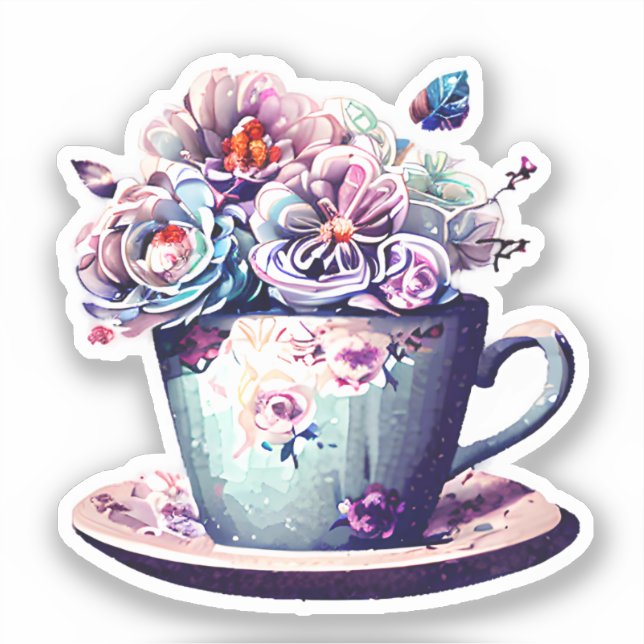 Adesivo Bonito Teacup Antiquado com Flores Vintage (Frente)