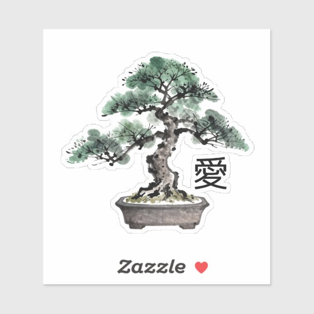 Adesivo Bonsai Tree Sumi-e Style Japanese Love Calligraphy (Folha)
