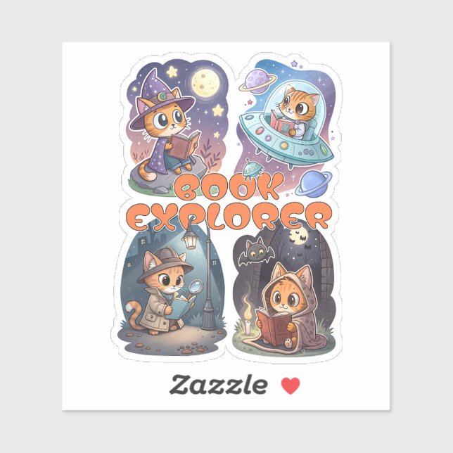 Adesivo Book Explorer – Cute Cat Reading Adventure (Folha)