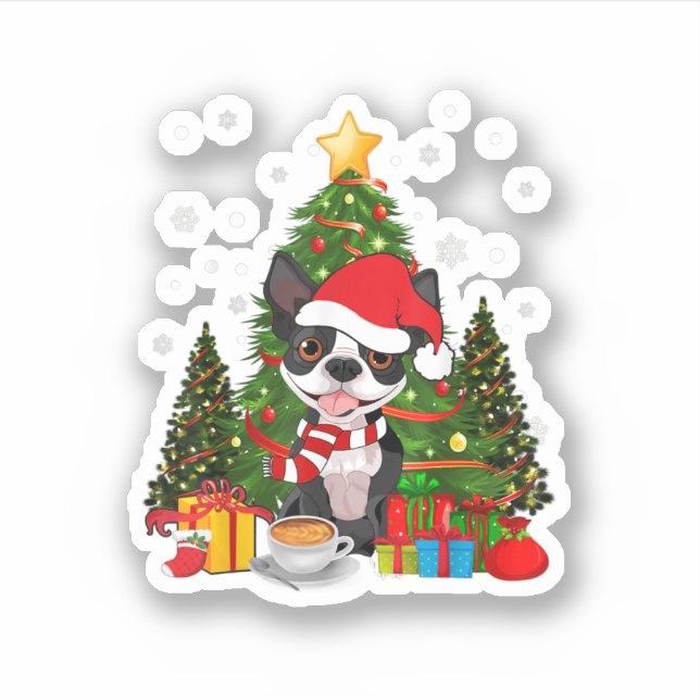 Adesivo Boston Terrier Dog Christmas É Gift Coffee Light (Frente)