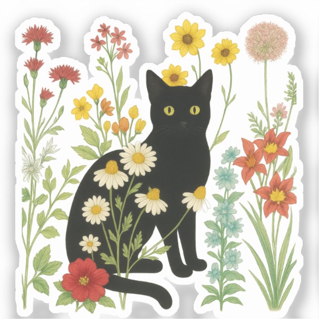 Adesivo  Botanical Nature – Black Cat in Wildflower Garden (Frente)