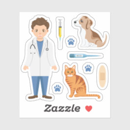 Adesivo Boy Veterinarian With Puppy Cat And Vet Things