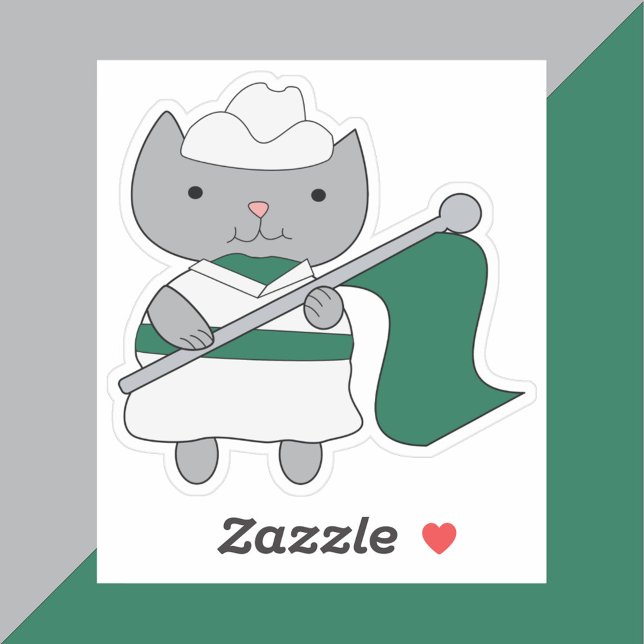 Adesivo Branco Verde Guarda de Cores (A sticker of a cat wearing a green and white color guard uniform holding a green flag.)