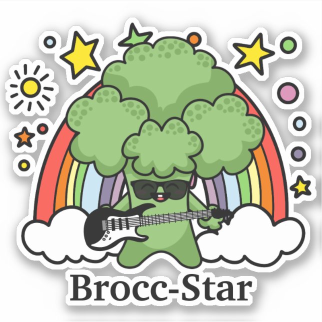 Adesivo Brócolis Tocando Guitarra, Brocc Star e Arco-íris (Frente)