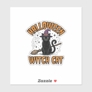 Adesivo Bruxa de Halloween Gato Desenho de Gravura Vintage