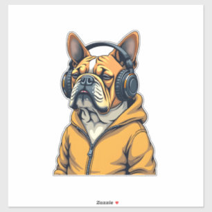 Adesivo Bulldog Antigo de Headphones Vestindo Capuz Música