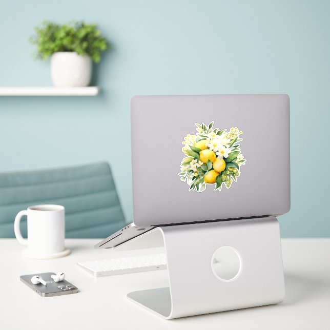 Adesivo Buquê de Limão com Flores Brancas (Laptop na mesa)