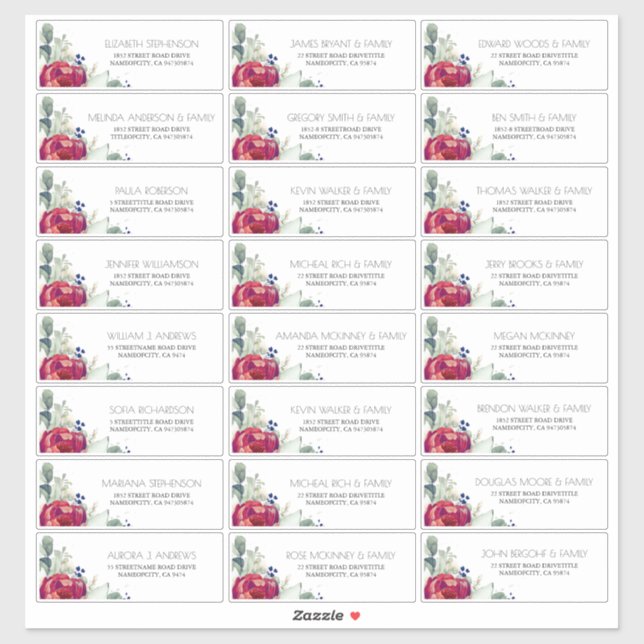Adesivo Burgundy Red Peony Marinho Nomes de Convidado (Folha)